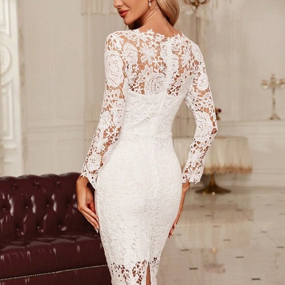 White Preppy Womens Guipure Lace Overlay Bodycon Dress - Picture 3 of 5
